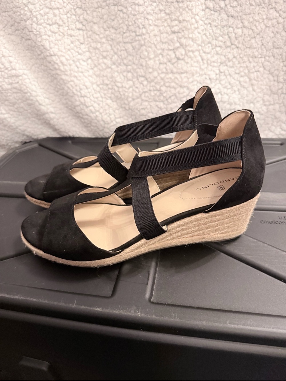 Bandolino Black Suede Espadrille Wedge Sandals with Elastic Cross Straps